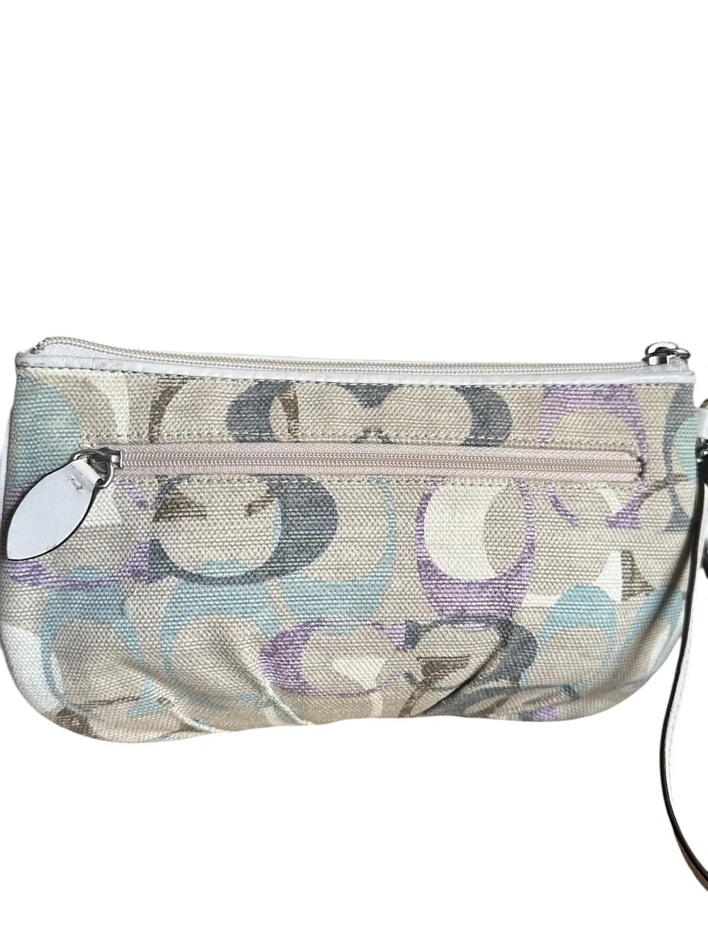 Coach Signature Pastel Canvas Wristlet Wallet White Leather Zip Clutch EUC